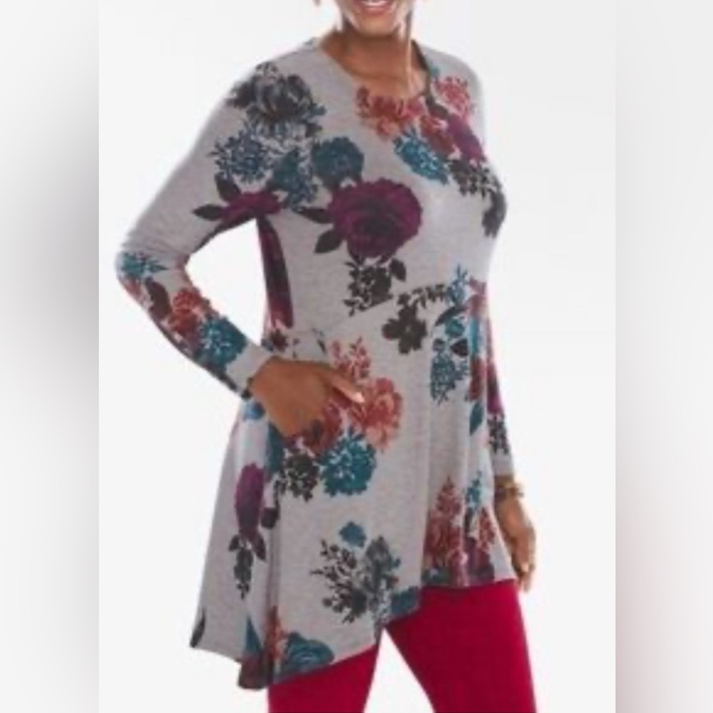 Chicos Floral Rose Pocket Tunic Top Size XL Romantic Long Sleeve XL oversized - Picture 1 of 10